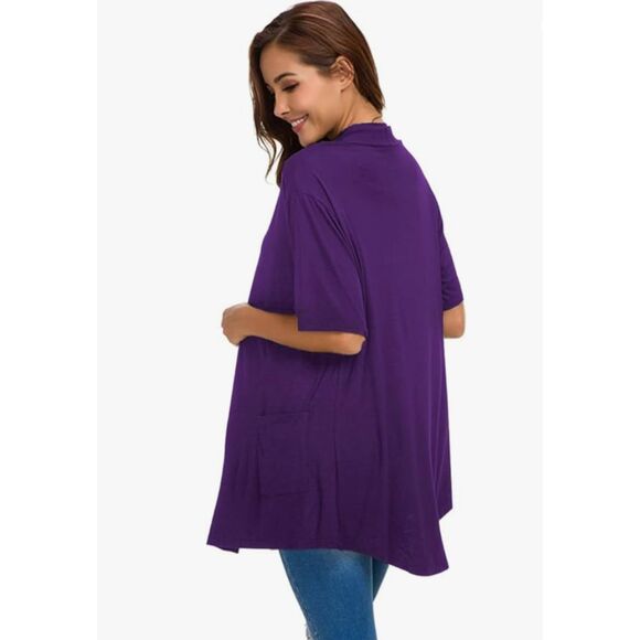 Women's Short Sleeve Open Front Modal Cardigan - Lightweight Drape Hem Sweater - Picture 2 of 6